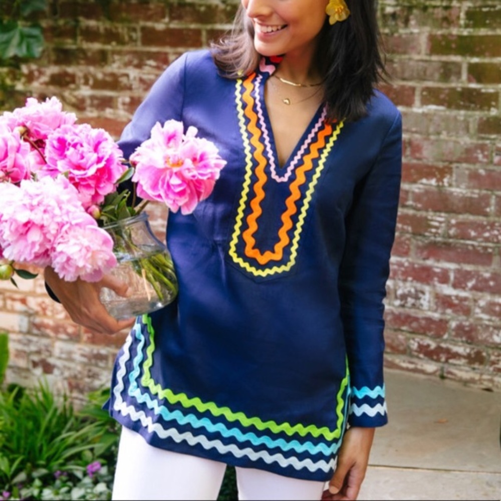Sail to Sable x Tuckernuck rainbow ric rac trim linen tunic XS S